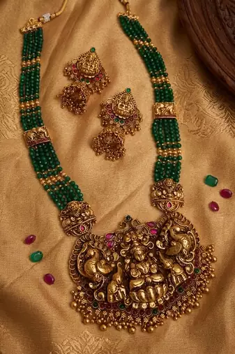 handcrafted green beaded temple jewellery set with jhumkas