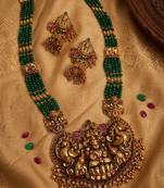handcrafted green beaded temple jewellery set with jhumkas