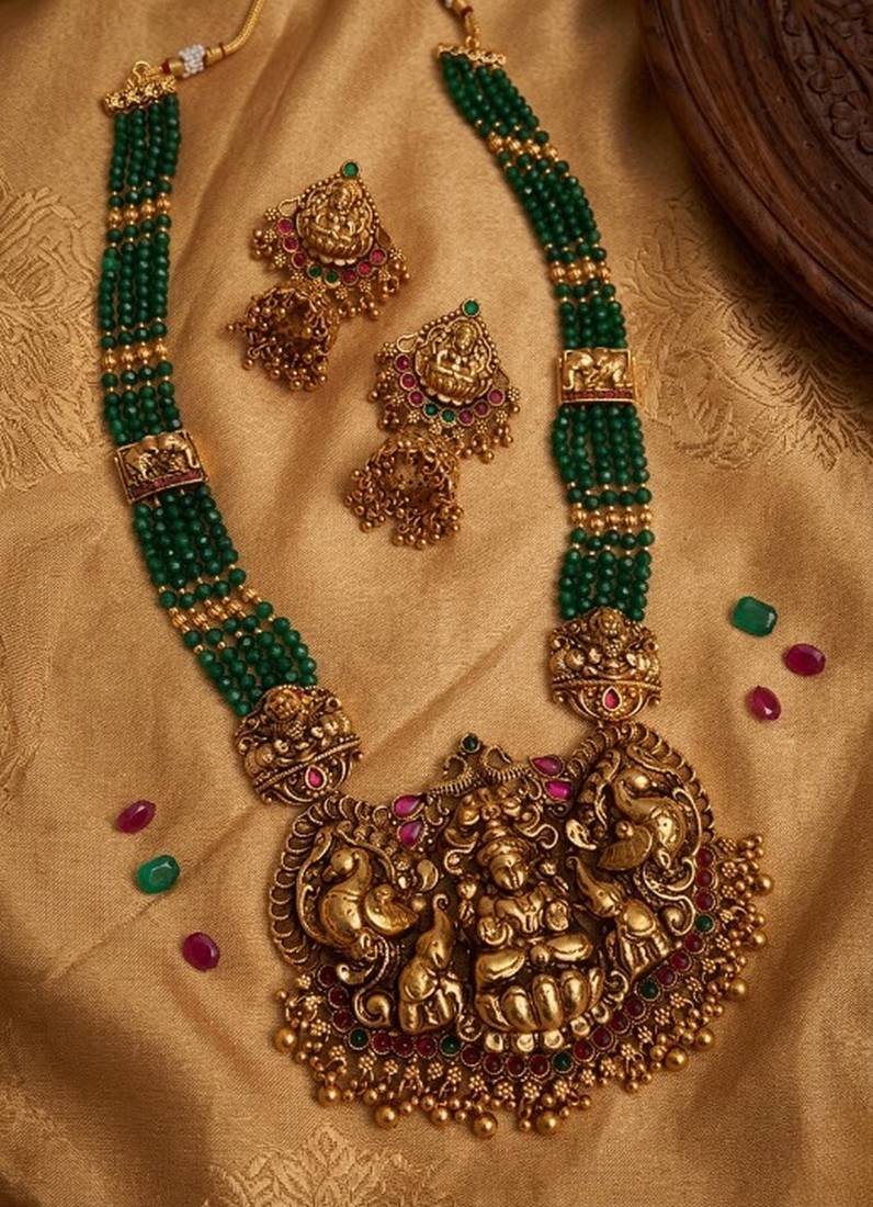 handcrafted green beaded temple jewellery set with jhumkas