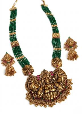 handcrafted green beaded temple jewellery set with jhumkas 2