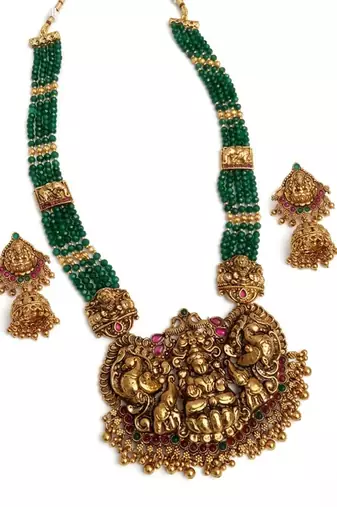 handcrafted green beaded temple jewellery set with jhumkas