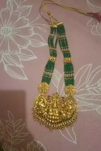 handcrafted green beaded temple jewellery set with jhumkas