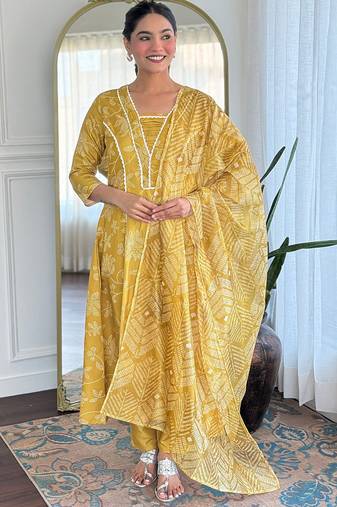 Yellow rayon kurti pant dupatta set