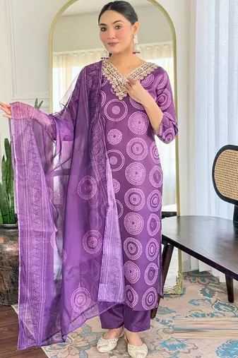 Purple rayon kurti pent dupatta set