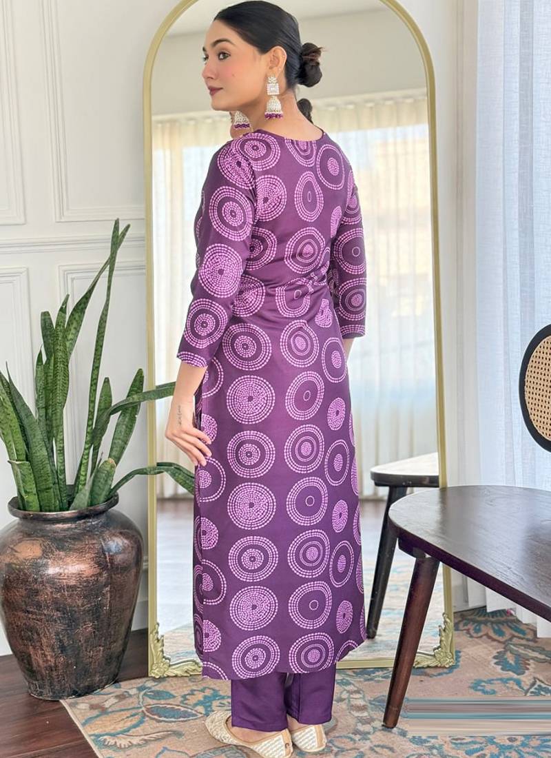 Purple rayon kurti pent dupatta set