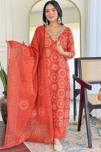 Orange rayon kurti pant dupatta set