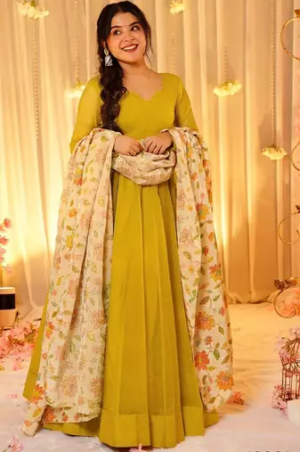 Yellow dyed silk anarkali kurti dupatta set