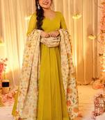 Yellow dyed silk anarkali kurti dupatta set