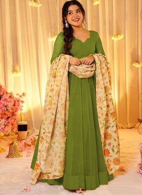 Green dyed silk anarkali kurti dupatta set 1