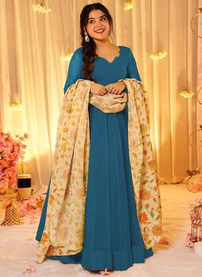 Blue dyed silk anarkali kurti dupatta set 1