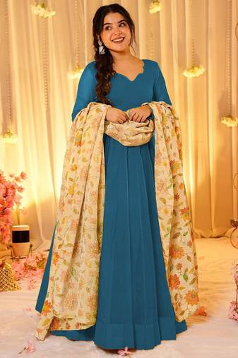 Blue dyed silk anarkali kurti dupatta set