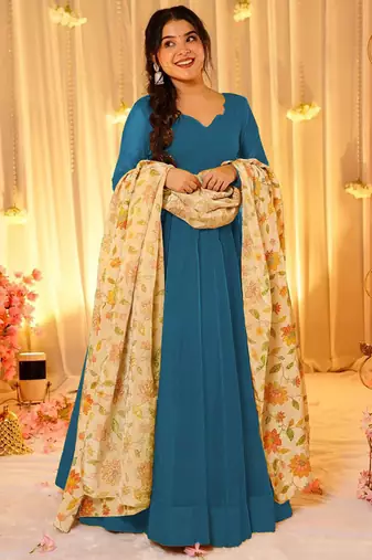 Blue dyed silk anarkali kurti dupatta set