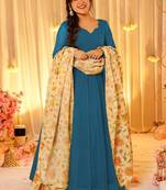 Blue dyed silk anarkali kurti dupatta set
