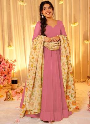 Light pink dyed silk anarkali kurti dupatta set 1
