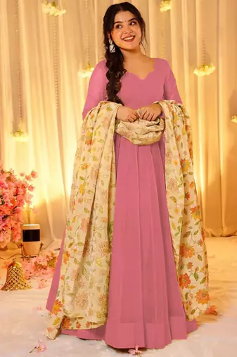Light pink dyed silk anarkali kurti dupatta set