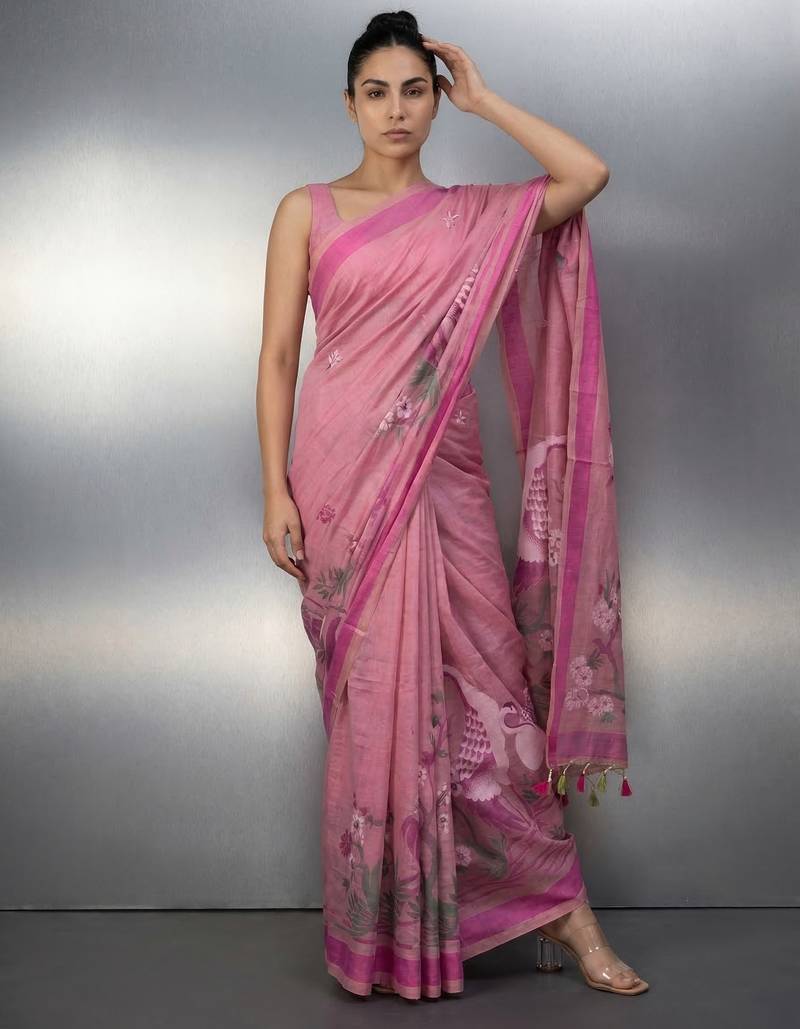 pink soft muga cotton with weaving saree