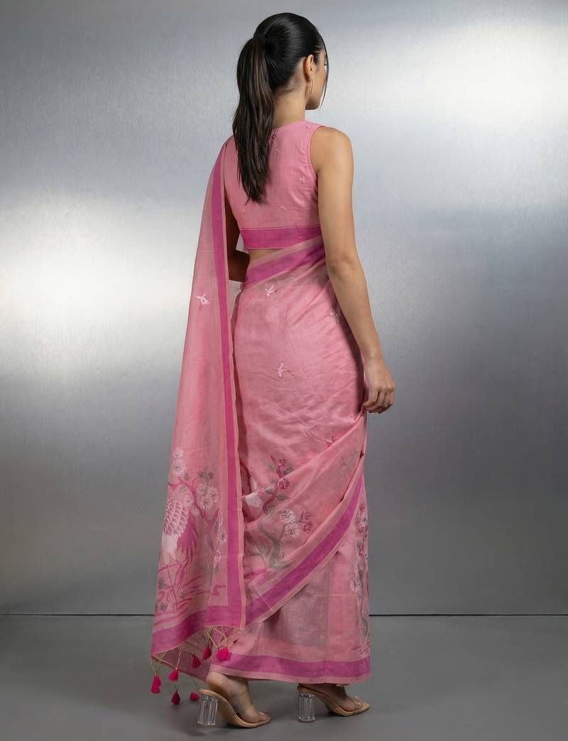pink soft muga cotton with weaving saree