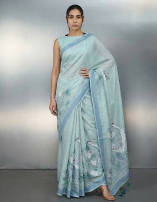 skyblue soft muga cotton with weaving saree 1