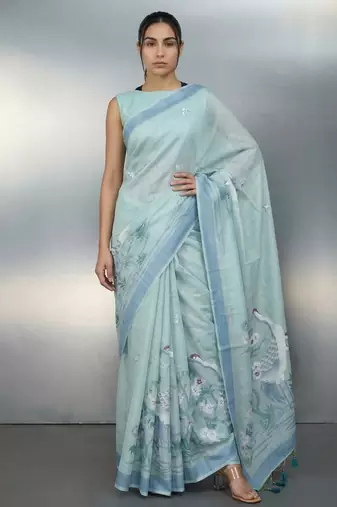 skyblue soft muga cotton with weaving saree