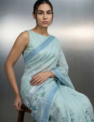 skyblue soft muga cotton with weaving saree 2
