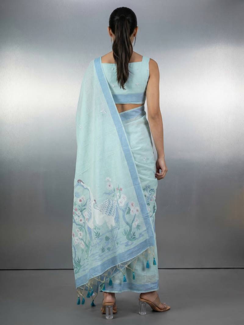 skyblue soft muga cotton with weaving saree