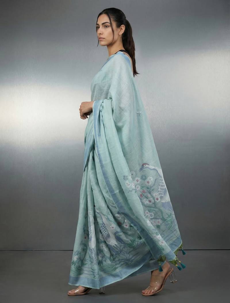skyblue soft muga cotton with weaving saree