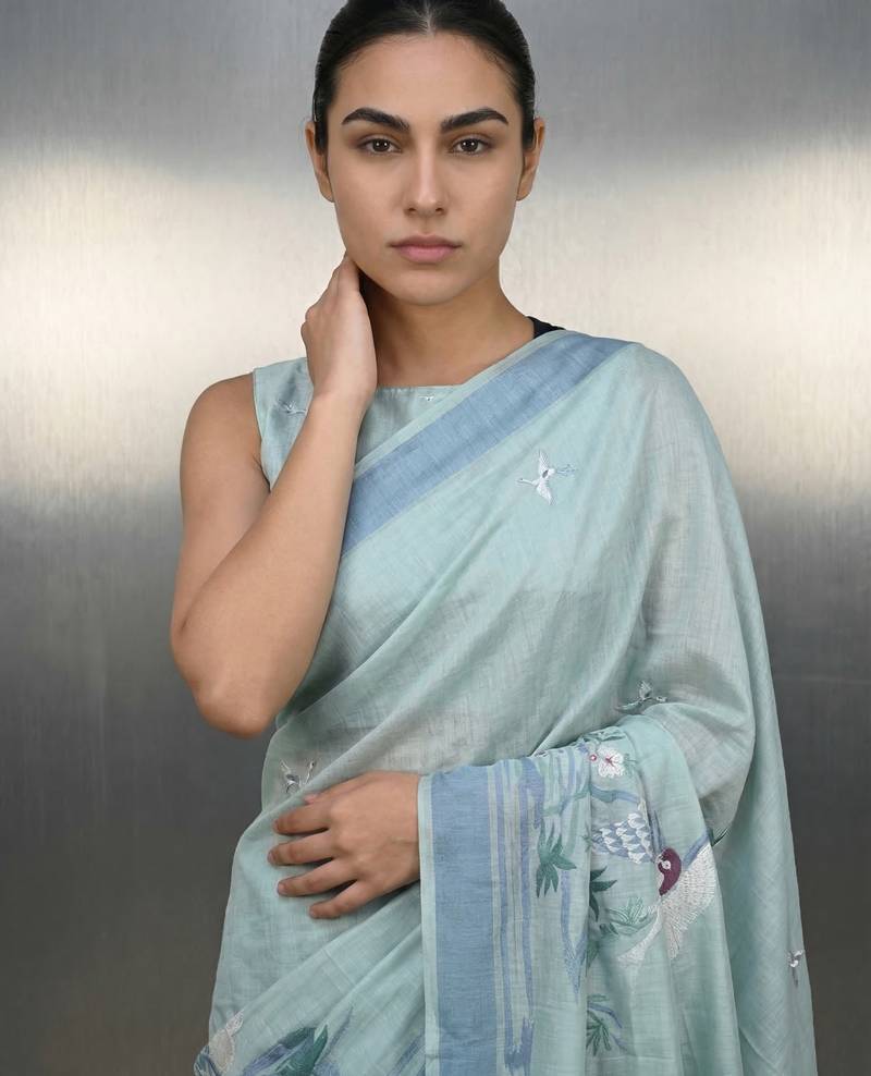 skyblue soft muga cotton with weaving saree