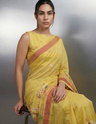 yellow soft muga cotton with weaving saree 2
