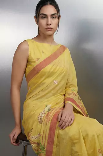 yellow soft muga cotton with weaving saree