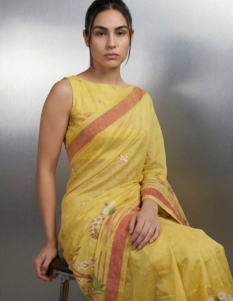 yellow soft muga cotton with weaving saree