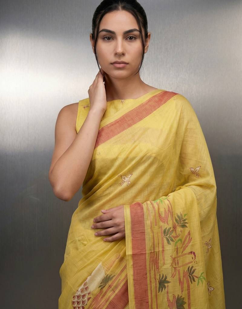 yellow soft muga cotton with weaving saree