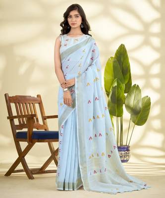  SKYBLUE linen silk blend butti weaving work SAREE 1