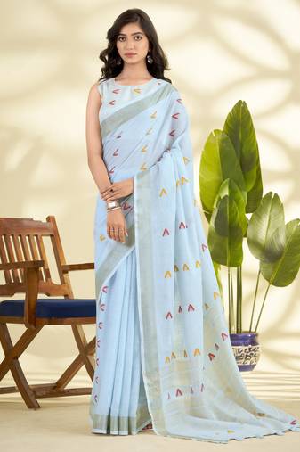  SKYBLUE linen silk blend butti weaving work SAREE