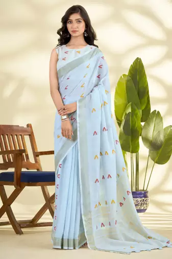  SKYBLUE linen silk blend butti weaving work SAREE