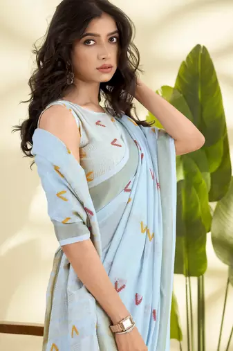  SKYBLUE linen silk blend butti weaving work SAREE