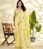 YELLOW linen silk blend butti weaving work SAREE