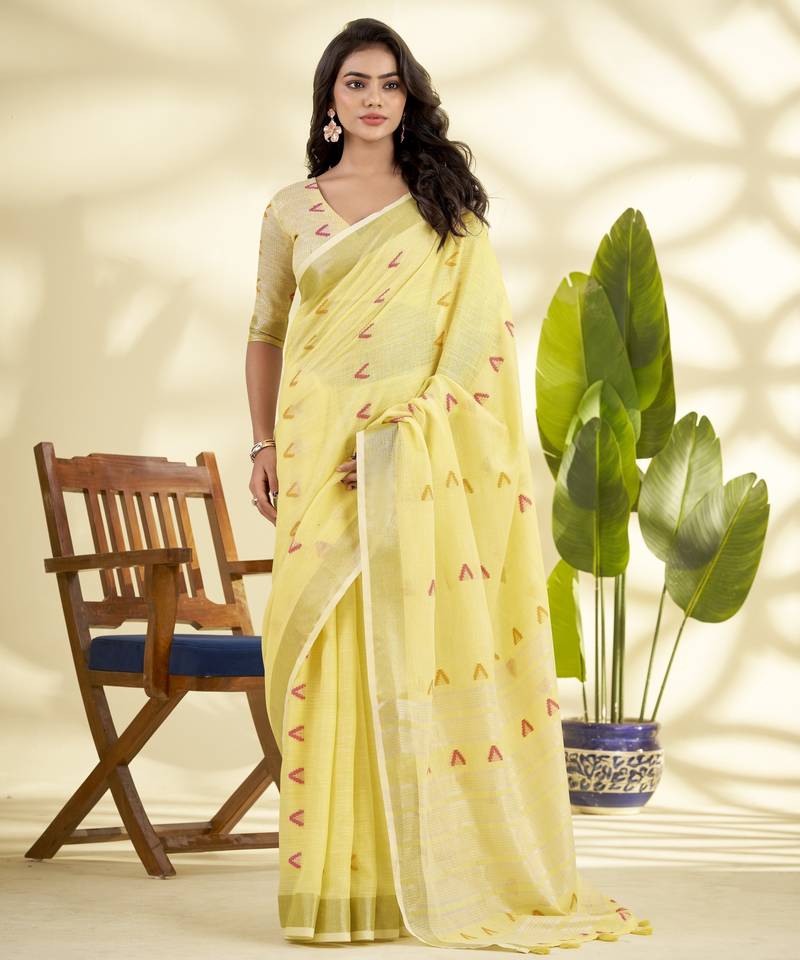 YELLOW linen silk blend butti weaving work SAREE