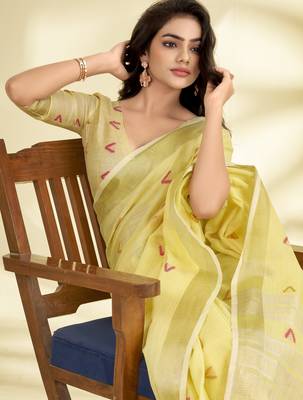 YELLOW linen silk blend butti weaving work SAREE 2