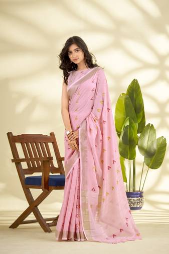  PINK linen silk blend butti weaving work SAREE
