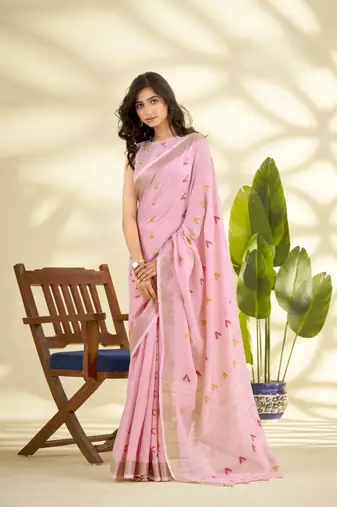  PINK linen silk blend butti weaving work SAREE