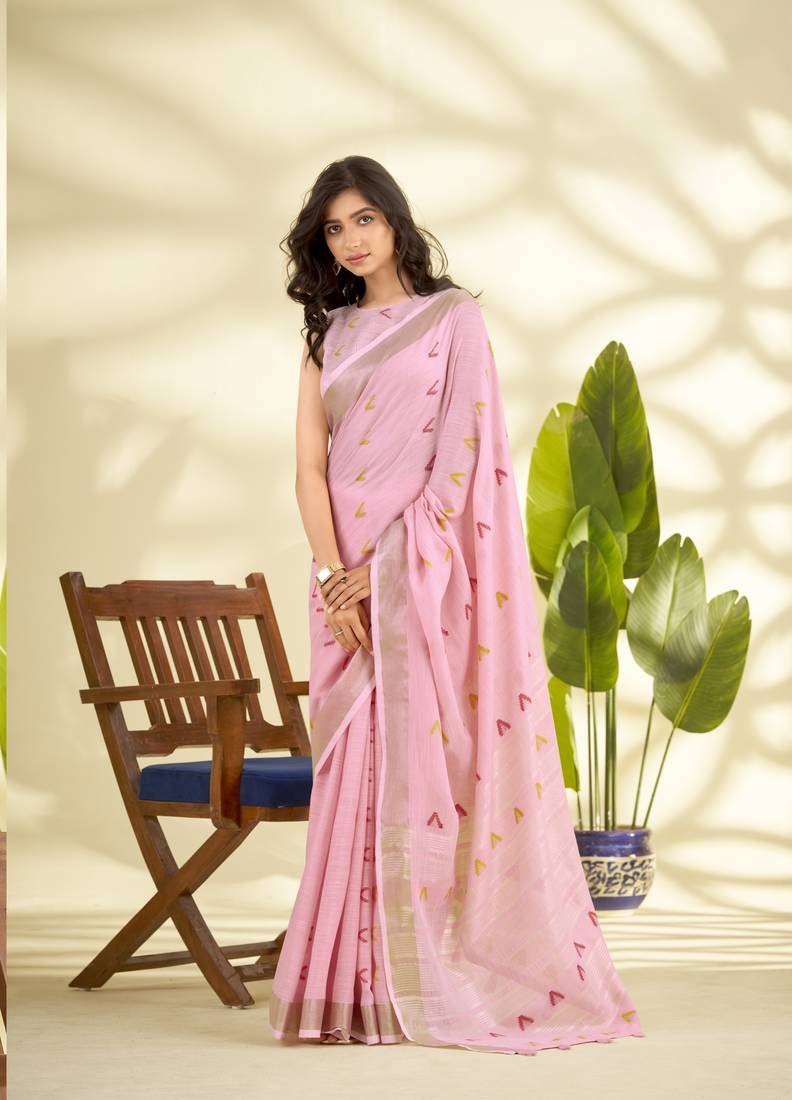  PINK linen silk blend butti weaving work SAREE