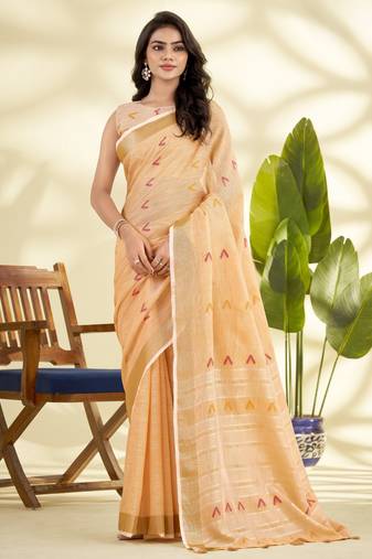  PEACH linen silk blend butti weaving work SAREE
