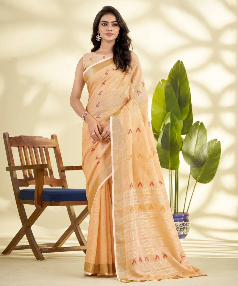 PEACH linen silk blend butti weaving work SAREE