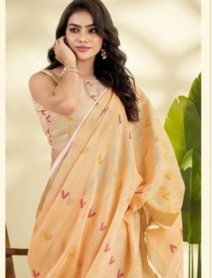  PEACH linen silk blend butti weaving work SAREE 2