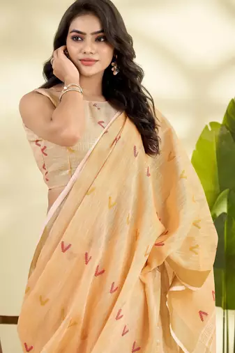  PEACH linen silk blend butti weaving work SAREE