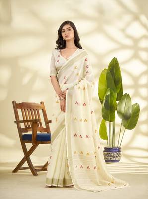 OFFWHITE linen silk blend butti weaving work SAREE  1