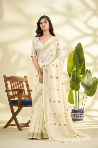 OFFWHITE linen silk blend butti weaving work SAREE 