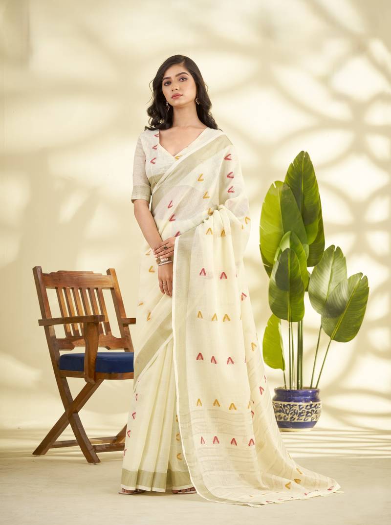 OFFWHITE linen silk blend butti weaving work SAREE 