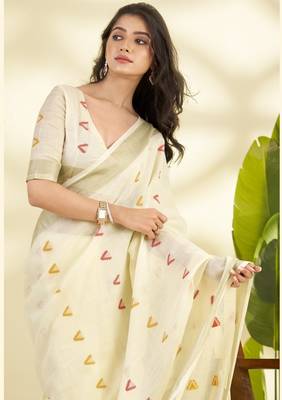 OFFWHITE linen silk blend butti weaving work SAREE  2