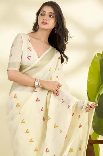 OFFWHITE linen silk blend butti weaving work SAREE 